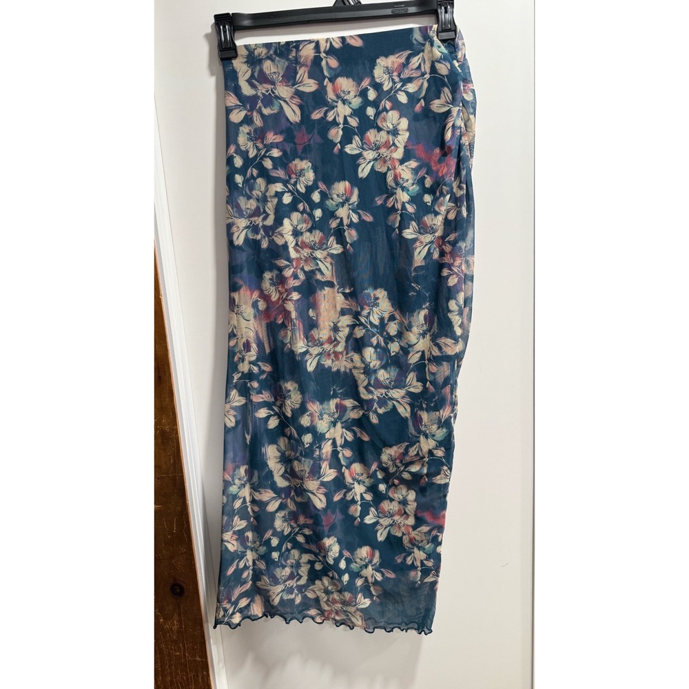 Sage The Label Teal Blue Floral Mesh Maxi Skirt LE4658 Womens Medium